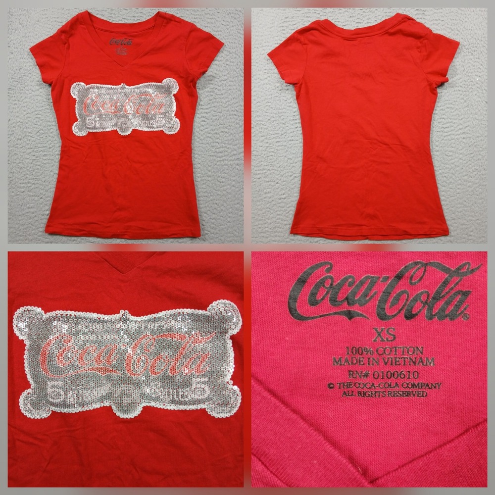 Coca-Cola Sequin Logo Tee Womens XS‎ Red V-Neck Graphic Top